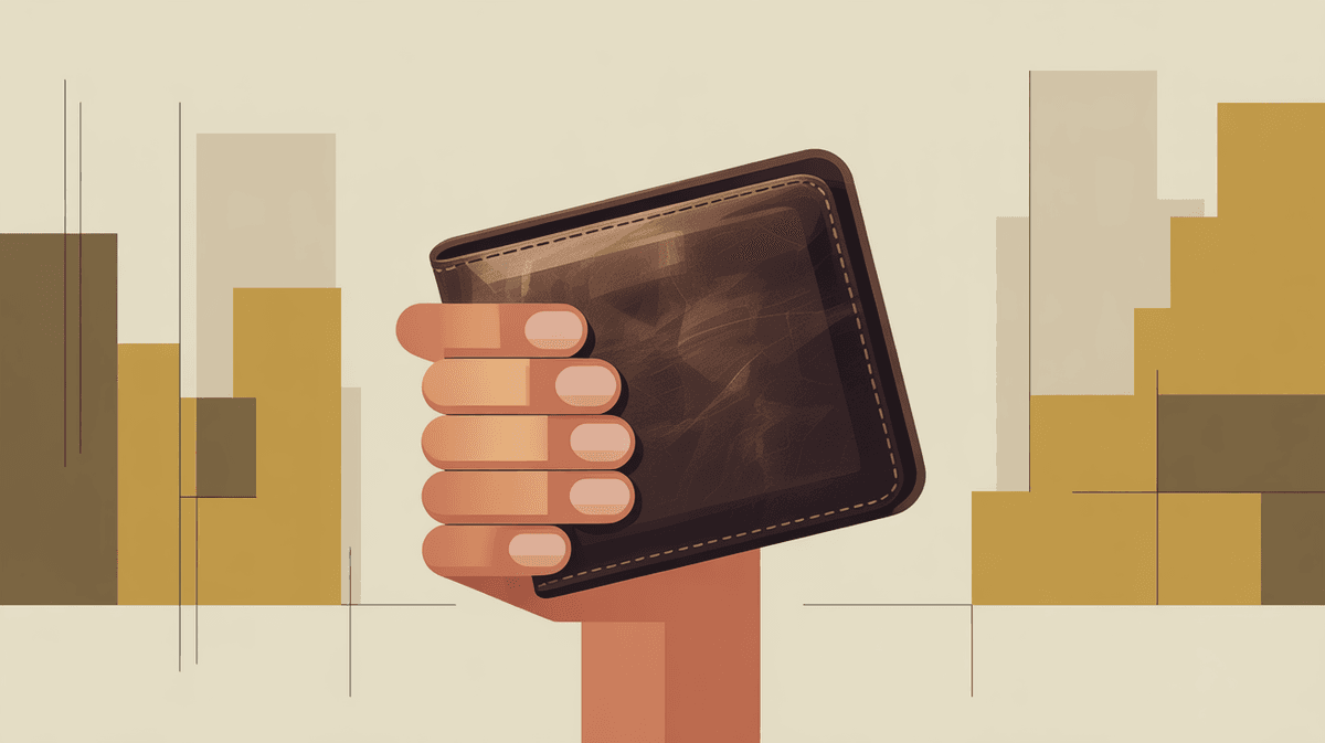 A stylized illustration of a hand holding a brown leather wallet against a background of abstract geometric shapes.