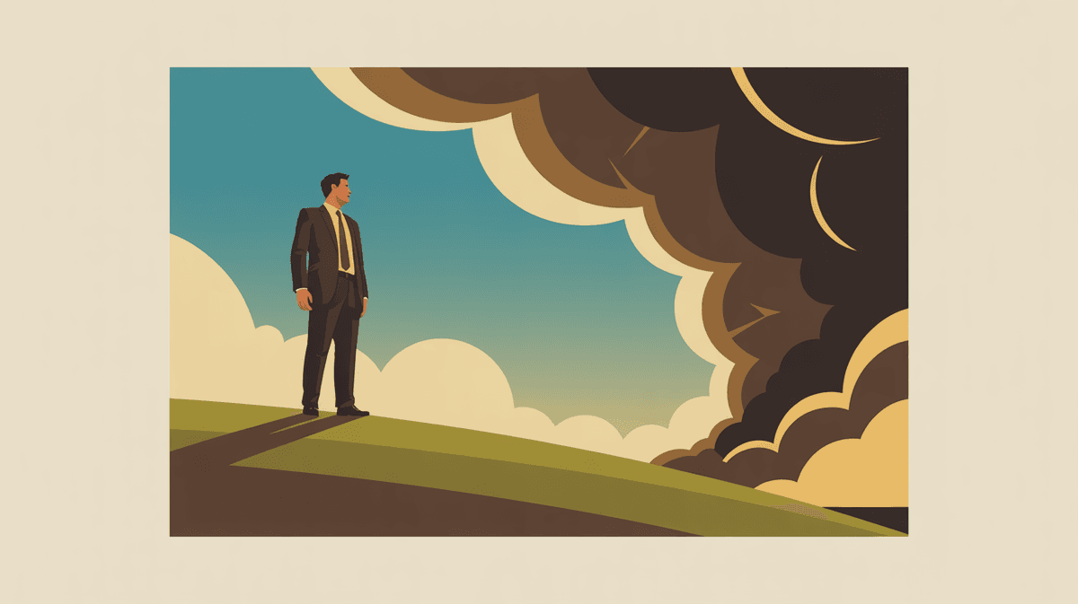 A man in a business suit stands on a grassy hill, looking toward a large, dark, ominous cloud formation in the sky.