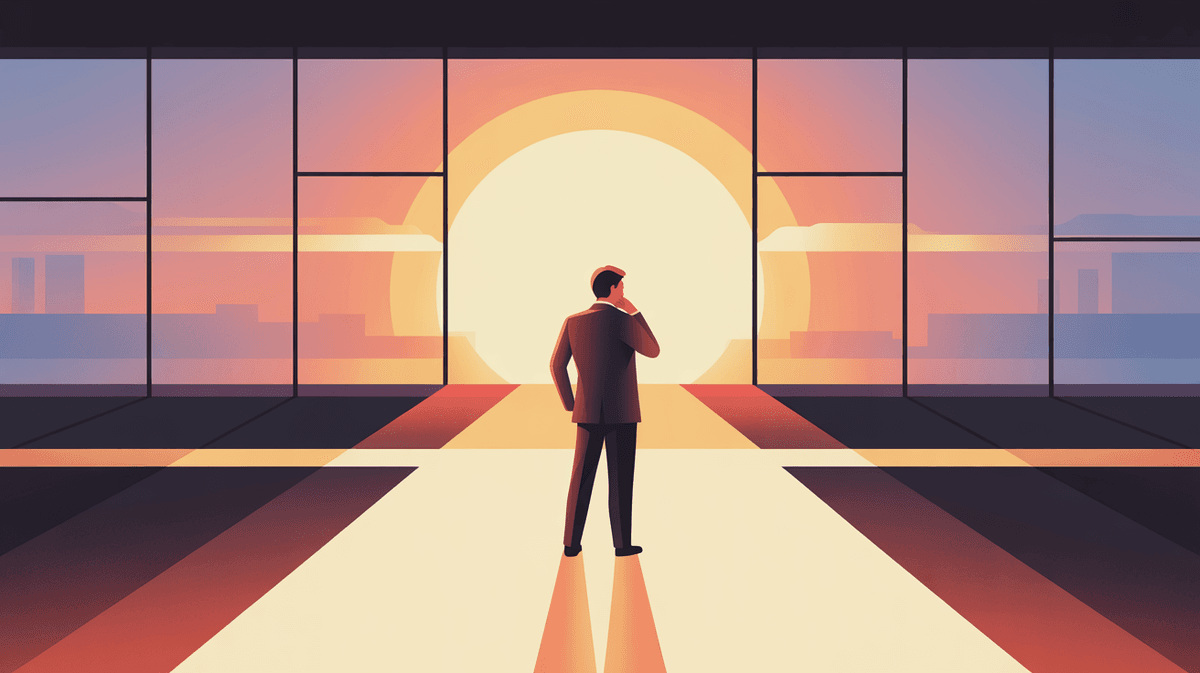 A stylized illustration of a businessman in a suit standing in a modern office, looking out at a large sun setting over a city skyline.