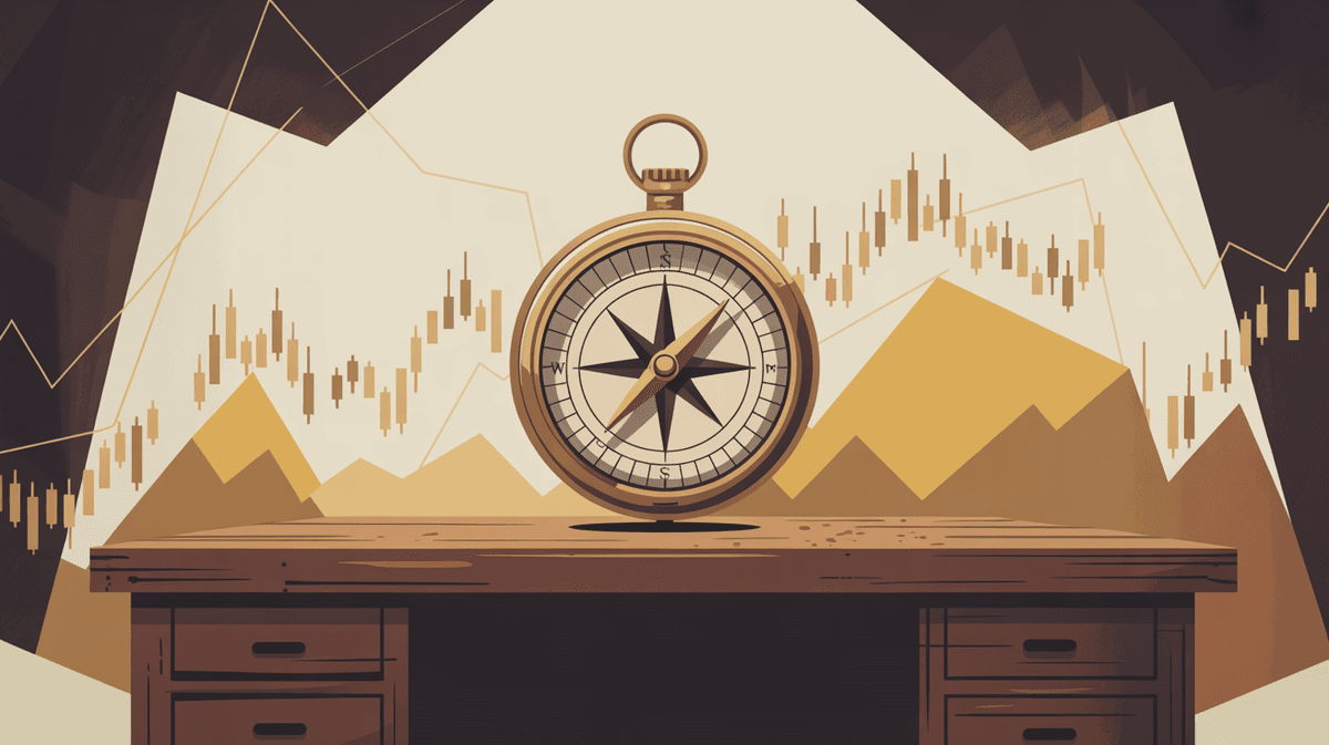 A vintage-style compass sits on a wooden desk against a backdrop of financial stock market charts and mountain silhouettes.