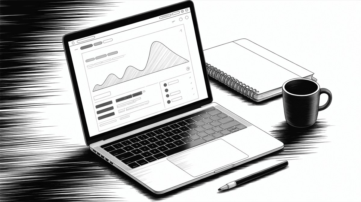 A black and white line art illustration of a laptop displaying a data dashboard, accompanied by a notebook, a coffee mug, and a pen on a desk.
